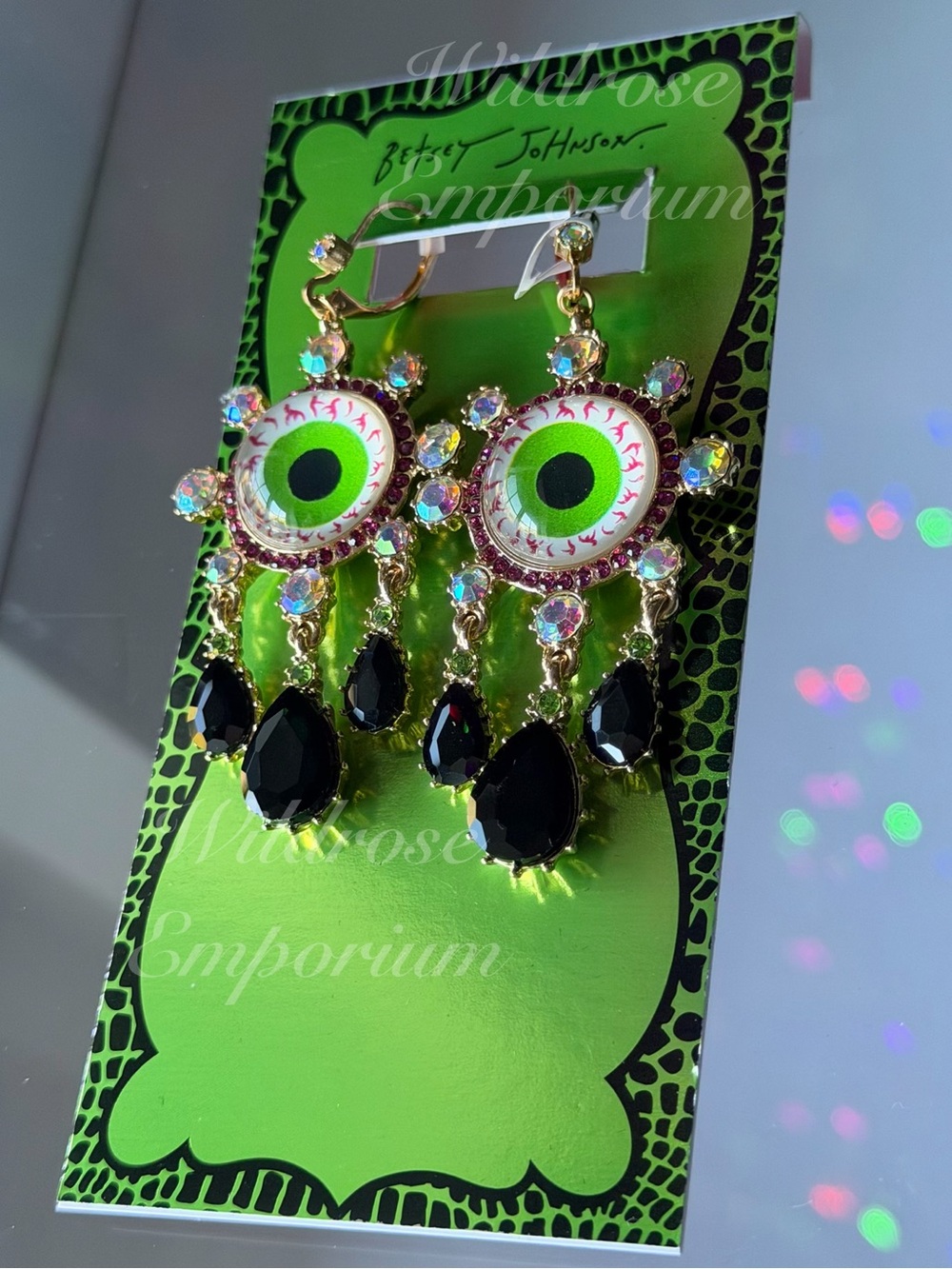 BETSEY JOHNSON DANGLE DROP EVIL EYE EARRINGS BLACK CRYSTAL TEARS HALLOWEEN NWT - Picture 3 of 10